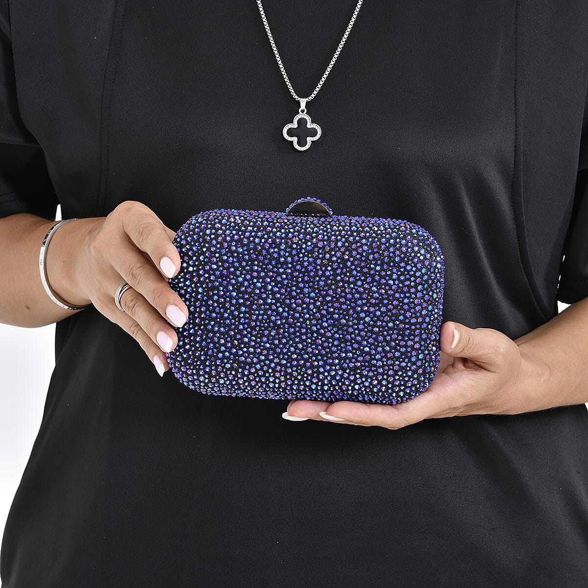 Black and Blue Color Sparkling Crystal Clutch Bag with Detachable Chain image number 2