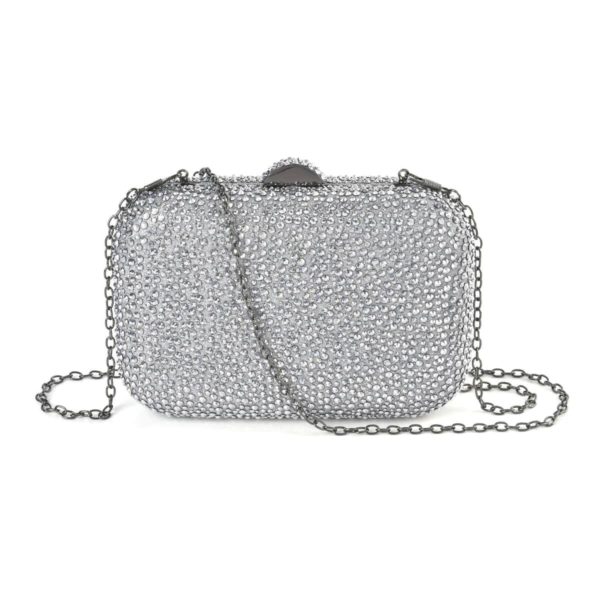 Silver Sparkling Crystal Clutch Bag with Detachable Chain image number 0