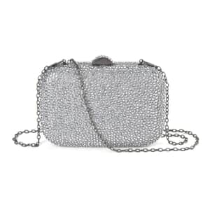 Silver Sparkling Crystal Clutch Bag with Detachable Chain