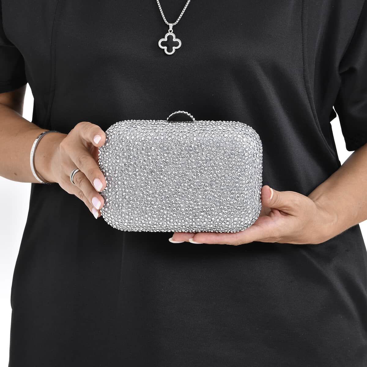 Silver Sparkling Crystal Clutch Bag with Detachable Chain image number 2