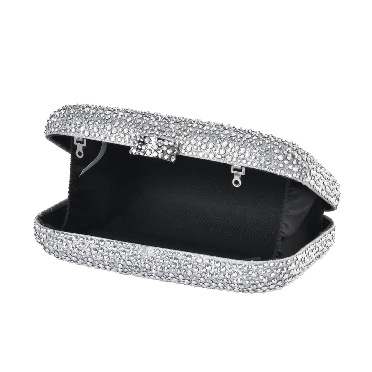 Silver Sparkling Crystal Clutch Bag with Detachable Chain image number 4