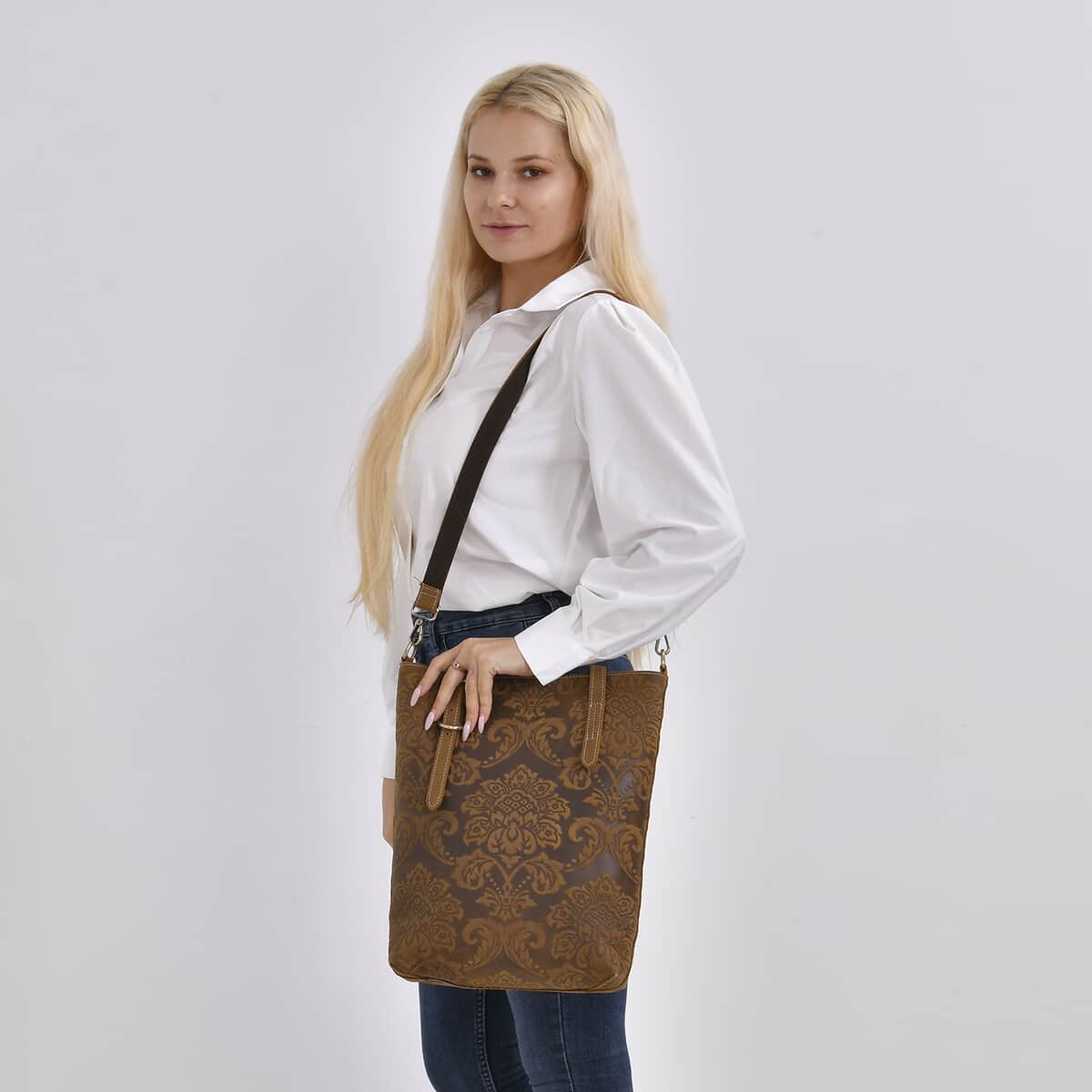 Khaki Genuine Leather Crossbody Bag (10"x3"x14") with 47 Inch Shoulder Strap image number 1