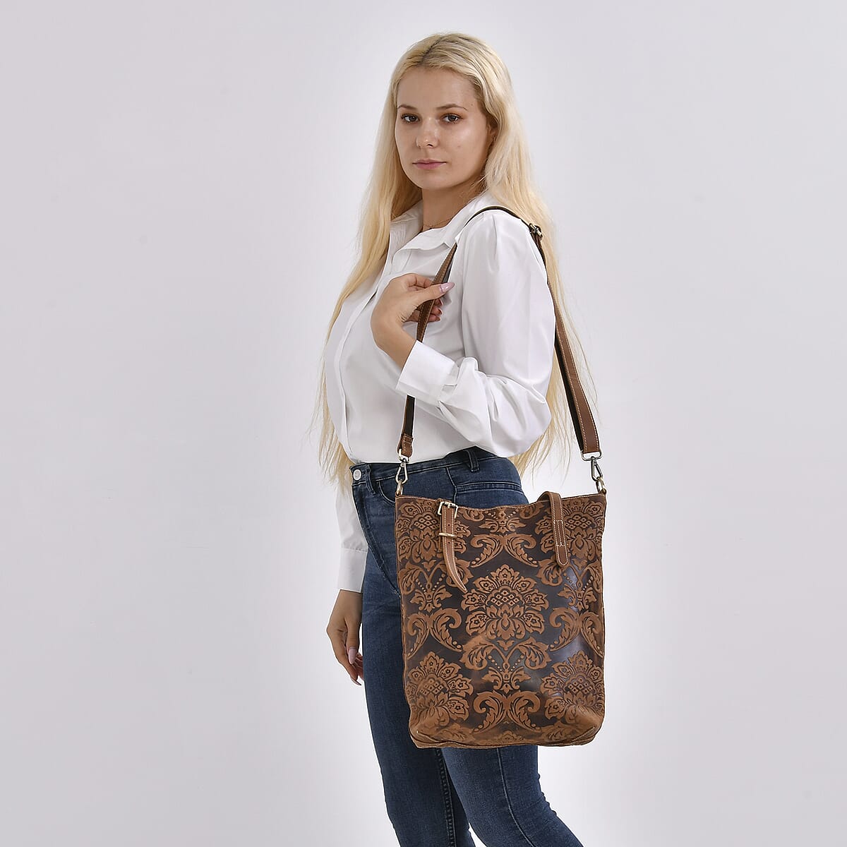 Italy Retro Noble Collection Coffee Distressed Genuine Leather Crossbody Bag with 47 Inch Shoulder Strap image number 1