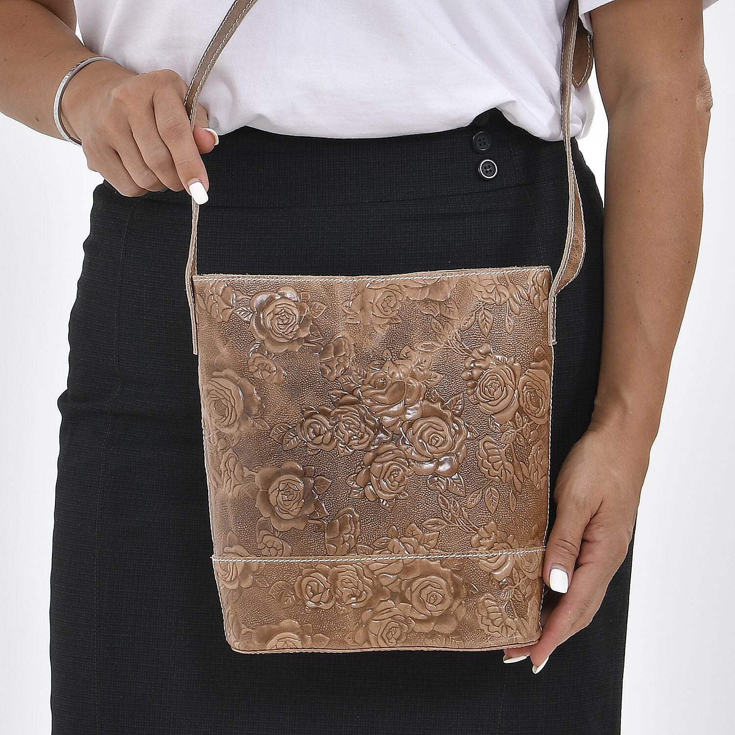 Retro Noble Handbag Collection Khaki Genuine Leather Crossbody Bag with 47 Inch Shoulder Strap