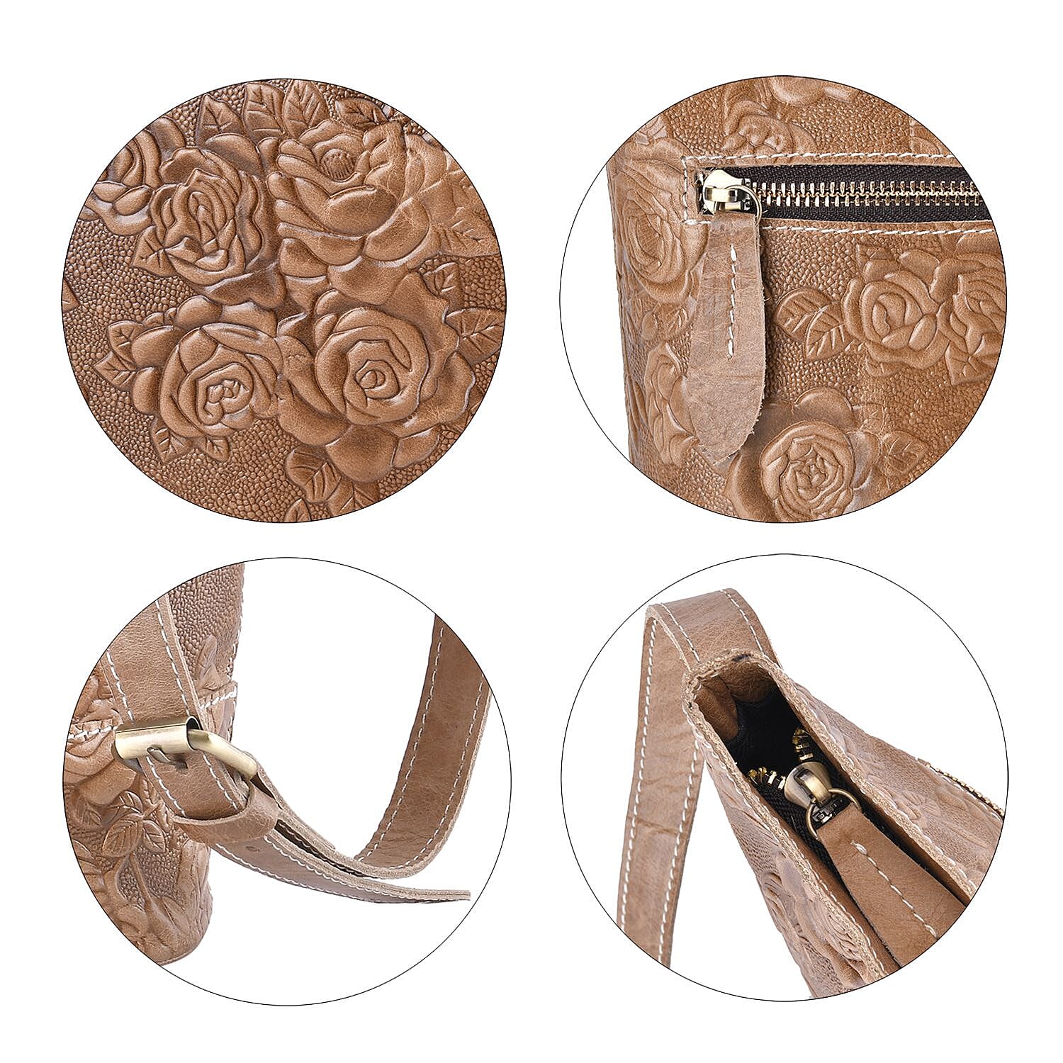 Retro Noble Handbag Collection Khaki Genuine Leather Crossbody Bag with 47 Inch Shoulder Strap