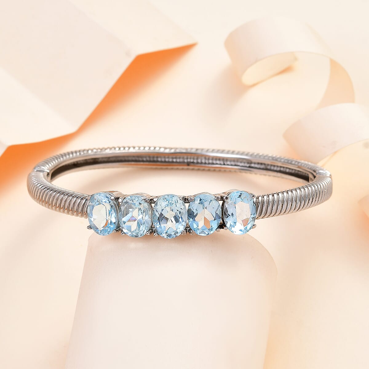 Sky Blue Topaz 5 Stone Bangle Bracelet in Stainless Steel (7.25 In) 9.50 ctw image number 1