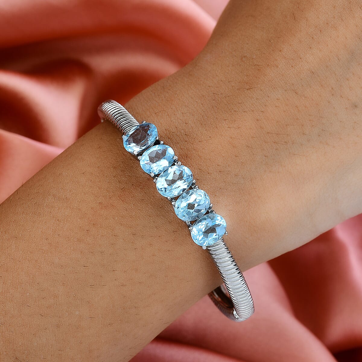 Sky Blue Topaz 5 Stone Bangle Bracelet in Stainless Steel (7.25 In) 9.50 ctw image number 2