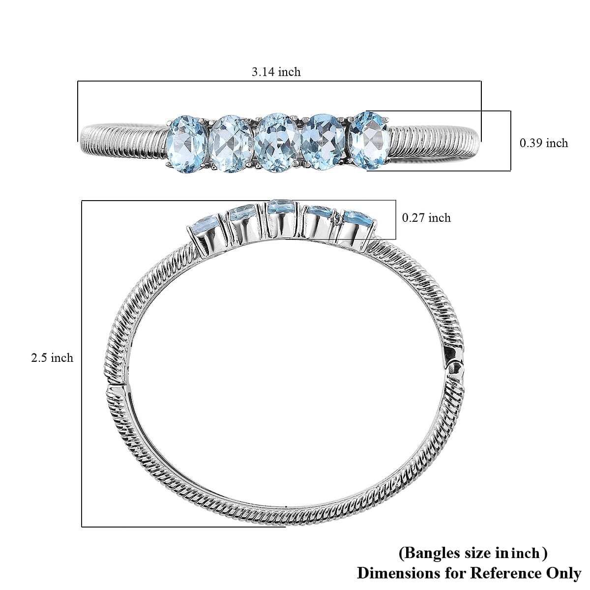 Sky Blue Topaz 5 Stone Bangle Bracelet in Stainless Steel (7.25 In) 9.50 ctw image number 5