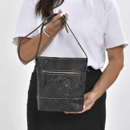 NewAge Black Genuine Leather Croco Embossed Tote Bag with Dual Zipper Wristlet Pouch , Shop LC