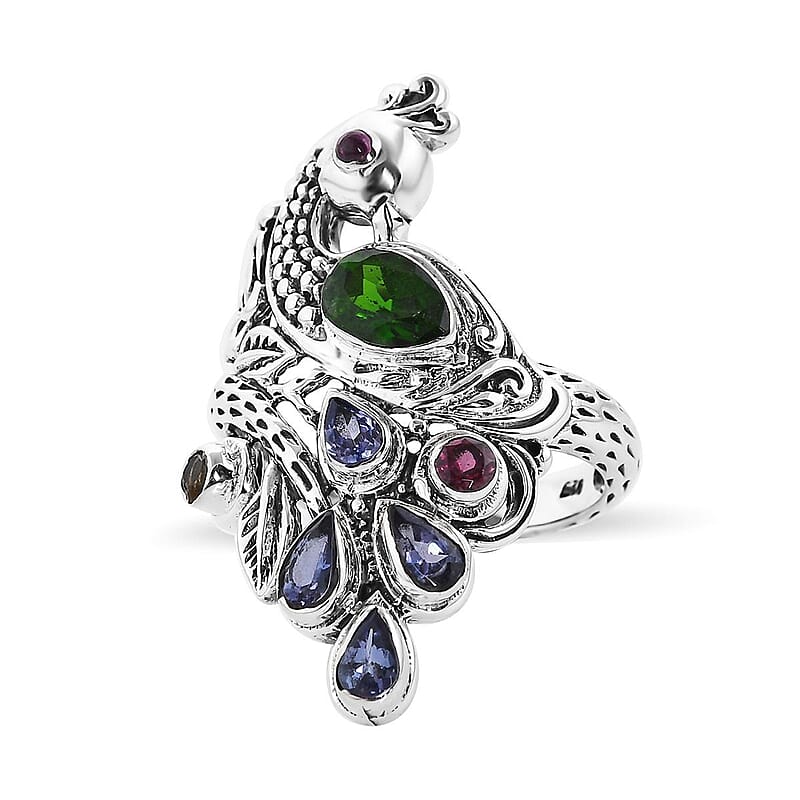 Bali Legacy Chrome Diopside and Multi Gemstone Peacock Ring in Sterling Silver (Size 10.0) 1.85 ctw