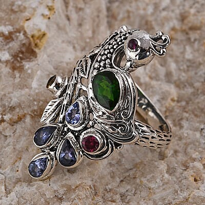 Bali Legacy Chrome Diopside and Multi Gemstone Peacock Ring in Sterling Silver (Size 10.0) 1.85 ctw
