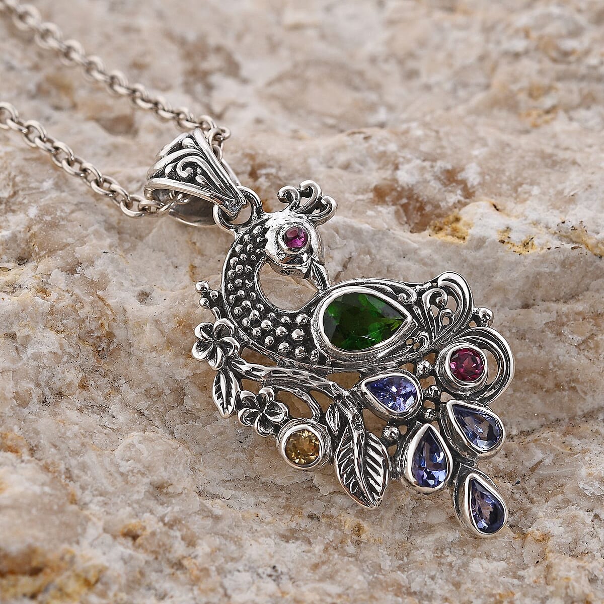 Bali Legacy Chrome Diopside and Multi Gemstone Peacock Pendant in Sterling Silver 1.85 ctw image number 1