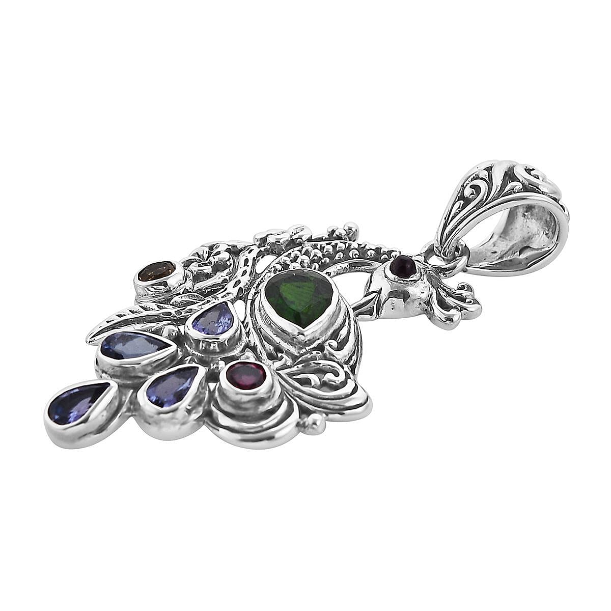 Bali Legacy Chrome Diopside and Multi Gemstone Peacock Pendant in Sterling Silver 1.85 ctw image number 3