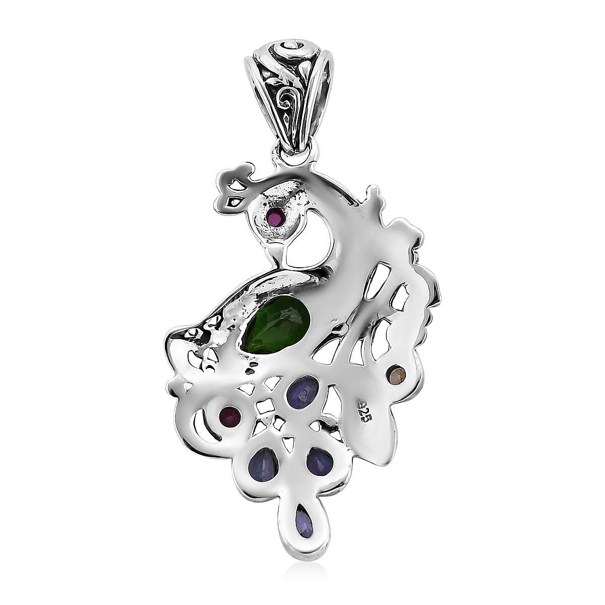 Bali Legacy Chrome Diopside and Multi Gemstone Peacock Pendant in Sterling Silver 1.85 ctw image number 4