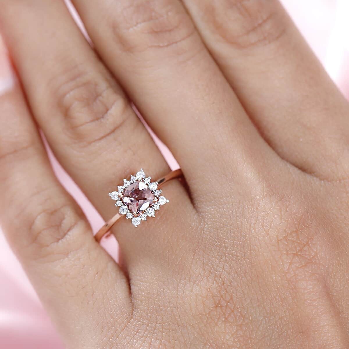 Blush Apatite and White Zircon Halo Ring in Vermeil Rose Gold Over Sterling Silver (Size 5.0) 0.85 ctw image number 2