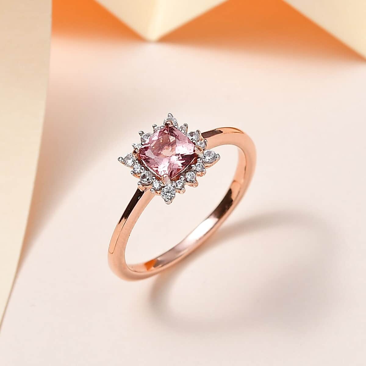 Blush Apatite and White Zircon Halo Ring in Vermeil Rose Gold Over Sterling Silver (Size 7.0) 0.85 ctw image number 1