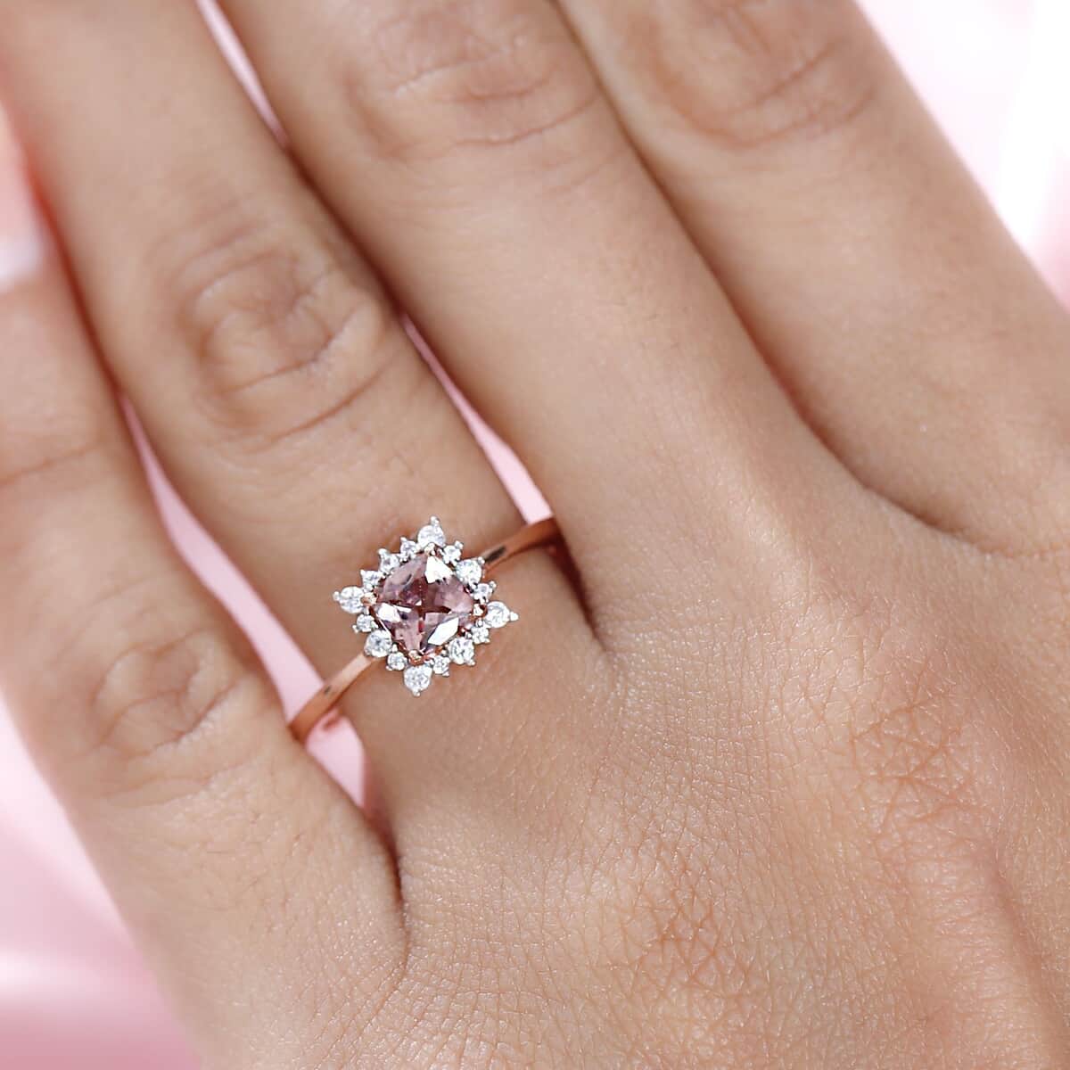 Blush Apatite and White Zircon Halo Ring in Vermeil Rose Gold Over Sterling Silver (Size 7.0) 0.85 ctw image number 2