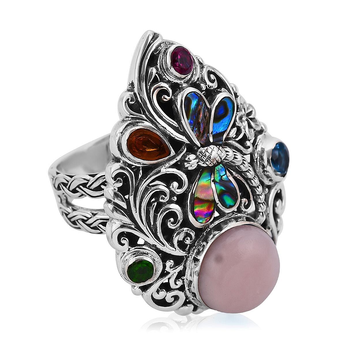 Bali Legacy Peruvian Pink Opal and Multi Gemstone Dragonfly Ring in Sterling Silver (Size 7.0) 3.90 ctw