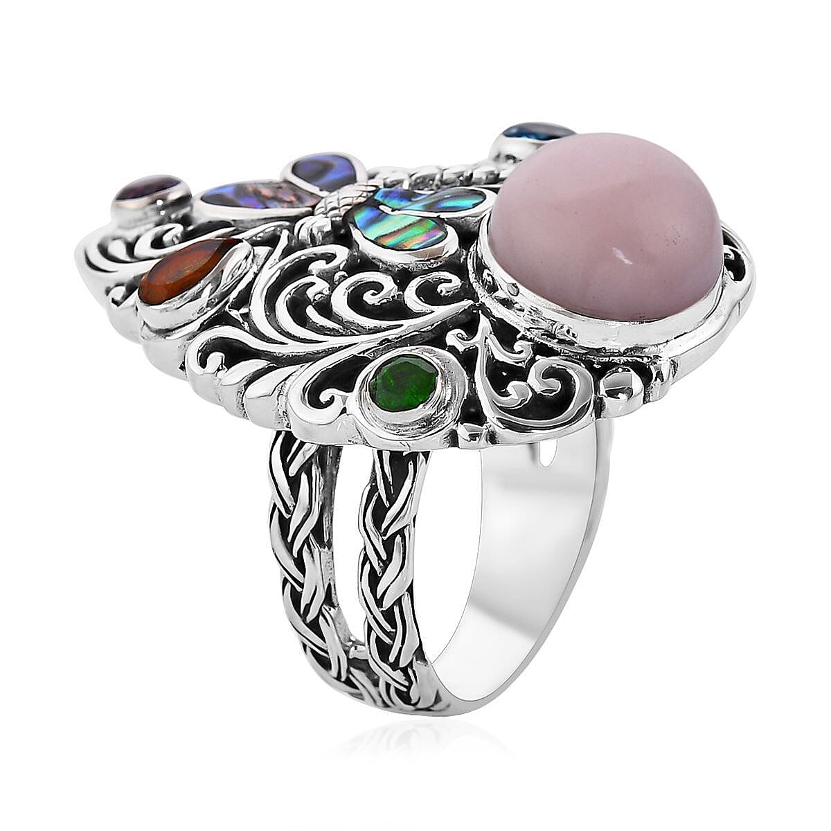 Bali Legacy Peruvian Pink Opal and Multi Gemstone Dragonfly Ring in Sterling Silver (Size 7.0) 3.90 ctw