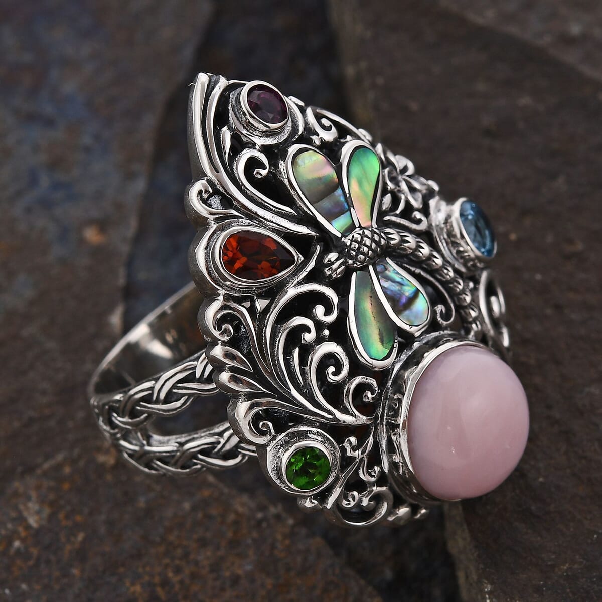 Bali Legacy Peruvian Pink Opal and Multi Gemstone Dragonfly Ring in Sterling Silver (Size 9.0) 3.90 ctw image number 1