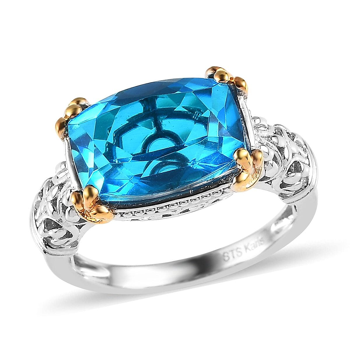 Karis Caribbean Quartz (Triplet) Solitaire Ring in 18K Yellow Gold Plated and Platinum Bond (Size 11.0) 6.85 ctw image number 0