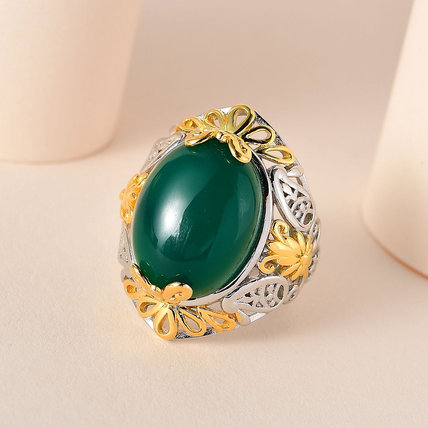 Karis Verde Onyx Solitaire Ring in 18K YG Plated and Platinum Bond (Size 10.0) 10.50 ctw