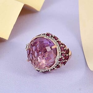 Rose De France Amethyst and Multi Gemstone 24.69 ctw Cluster Ring in Vermeil RG Over Sterling Silver (Size 11.5)