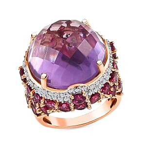 Rose De France Amethyst and Multi Gemstone 24.69 ctw Cluster Ring in Vermeil RG Over Sterling Silver (Size 11.5)