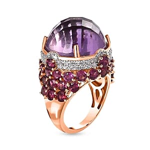 Rose De France Amethyst and Multi Gemstone 24.69 ctw Cluster Ring in Vermeil RG Over Sterling Silver (Size 11.5)