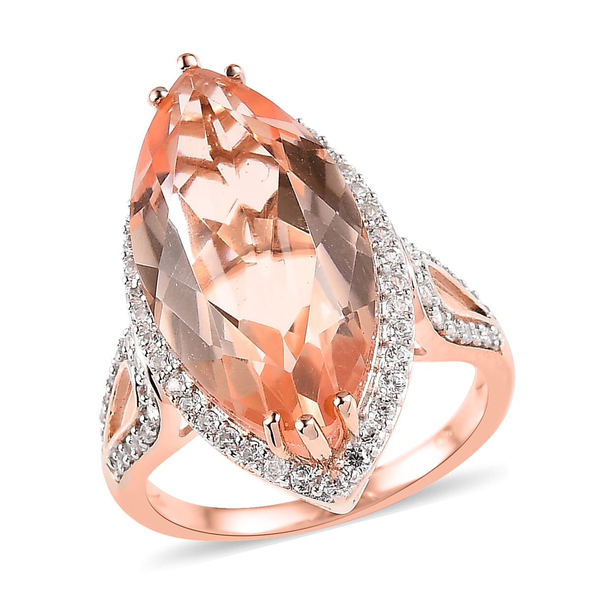 Morganique Quartz (Triplet) and White Zircon Halo Ring in Vermeil Rose Gold Over Sterling Silver (Size 10.0) 11.15 ctw