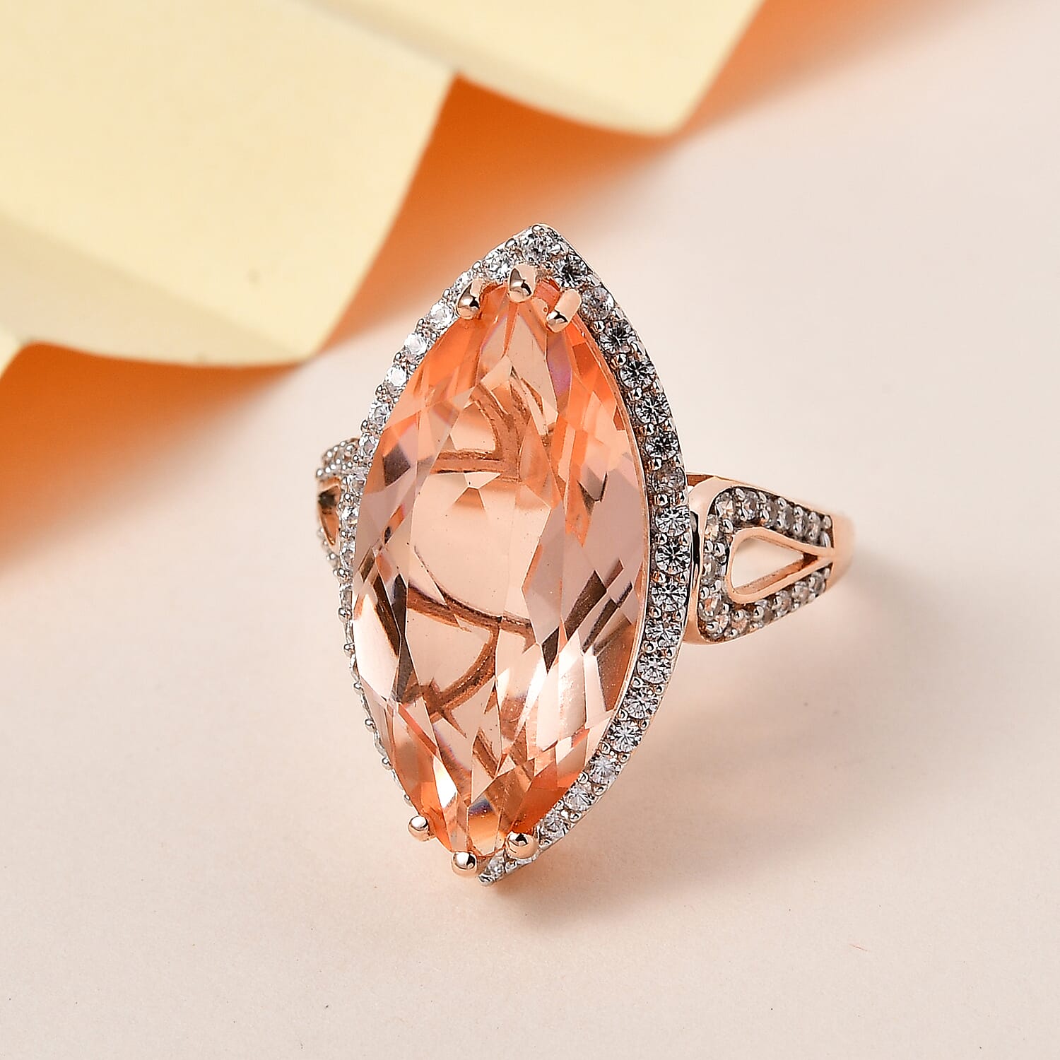Morganique Quartz (Triplet) and White Zircon Halo Ring in Vermeil Rose Gold Over Sterling Silver (Size 10.0) 11.15 ctw