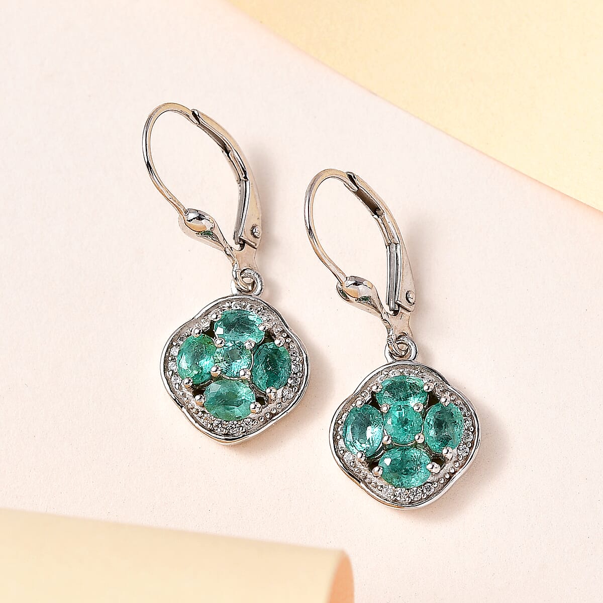 AAA Kagem Zambian Emerald and White Zircon Lever Back Earrings in Platinum Over Sterling Silver 1.75 ctw image number 1