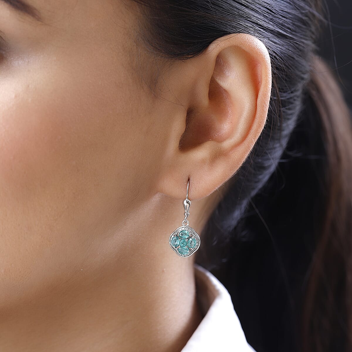 AAA Kagem Zambian Emerald and White Zircon Lever Back Earrings in Platinum Over Sterling Silver 1.75 ctw image number 2