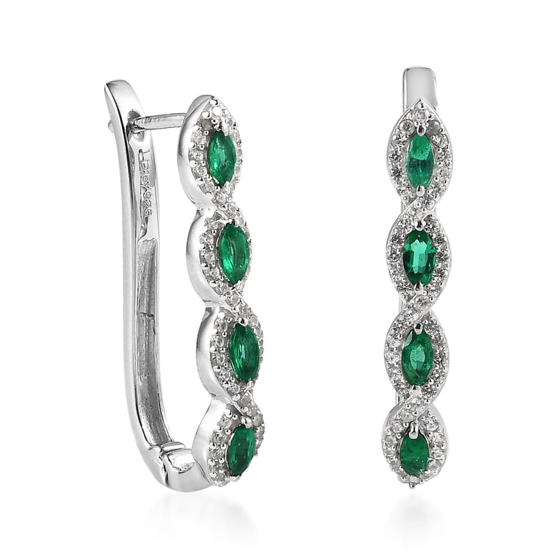 AAA Kagem Zambian Emerald and White Zircon Hoop Earrings in Platinum Over Sterling Silver 1.35 ctw