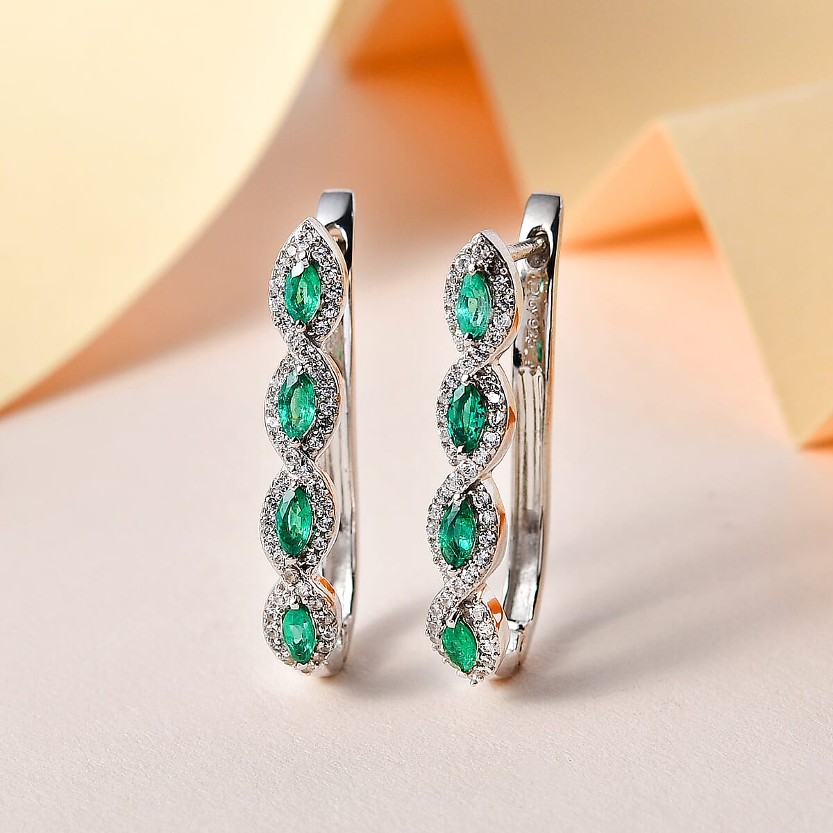 AAA Kagem Zambian Emerald and White Zircon Hoop Earrings in Platinum Over Sterling Silver 1.35 ctw image number 1