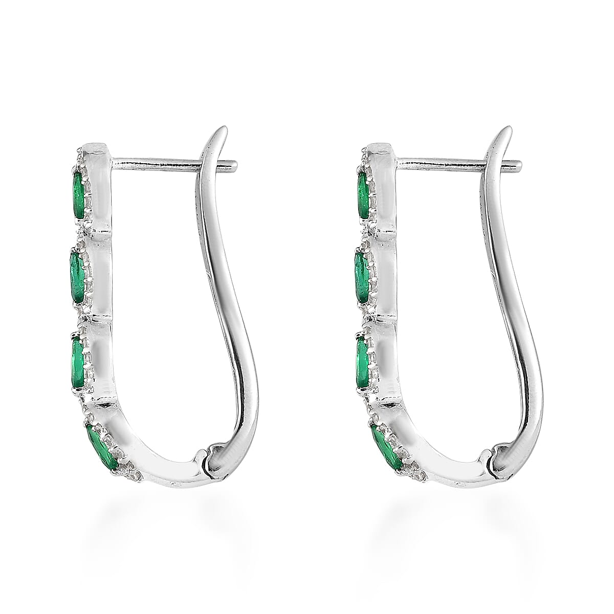 AAA Kagem Zambian Emerald and White Zircon Hoop Earrings in Platinum Over Sterling Silver 1.35 ctw image number 3