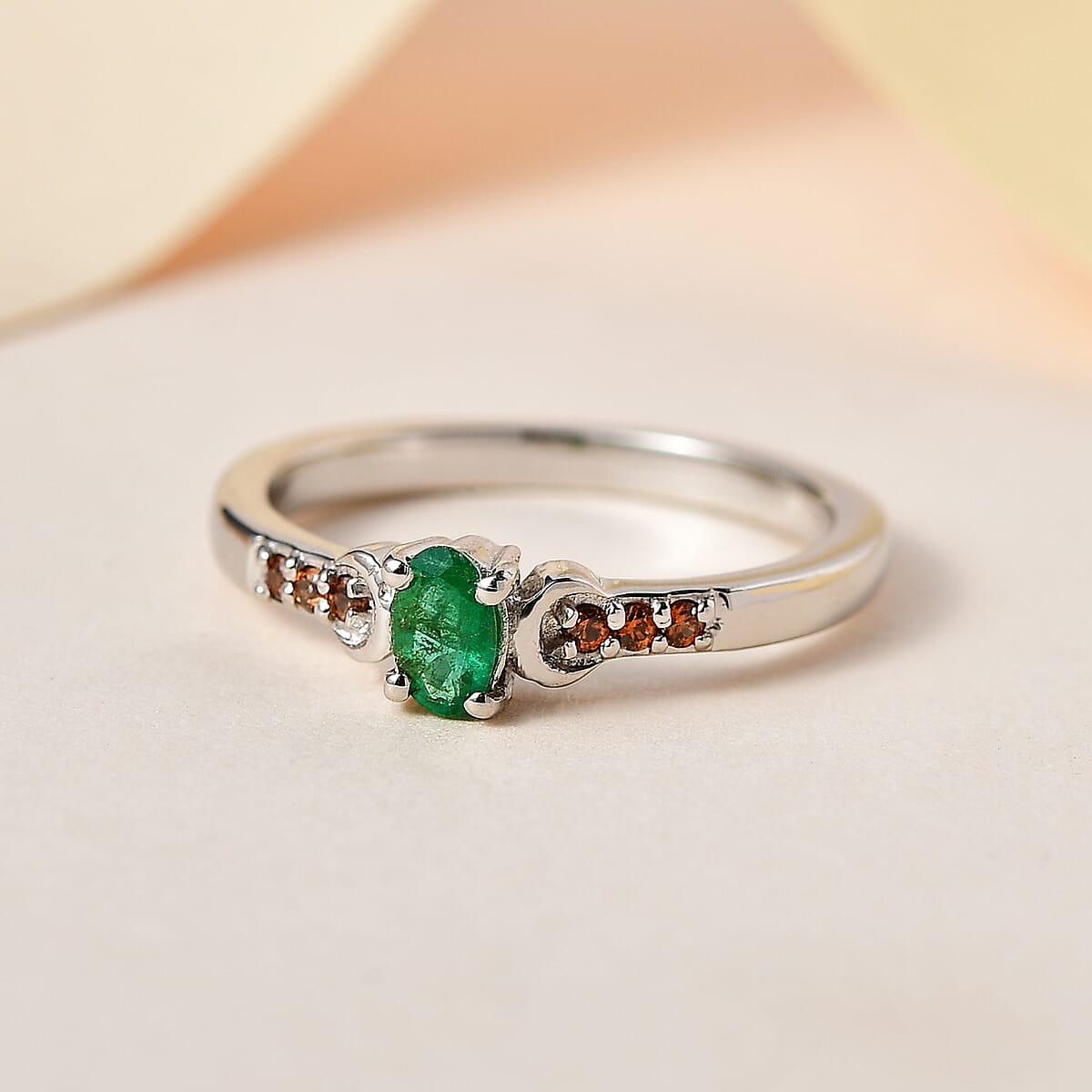 AAA Kagem Zambian Emerald and Brown Zircon Ring in Platinum Over Sterling Silver 0.30 ctw image number 1