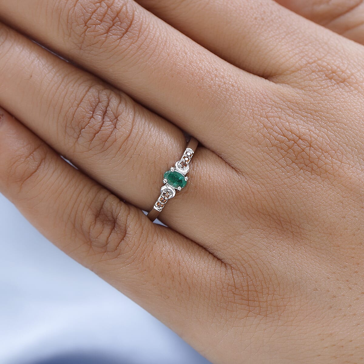 AAA Kagem Zambian Emerald and Brown Zircon Ring in Platinum Over Sterling Silver 0.30 ctw image number 2