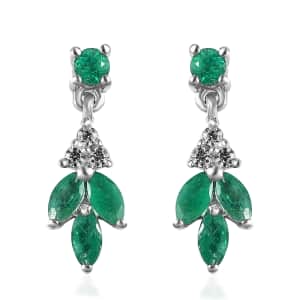 AAA Kagem Zambian Emerald and White Zircon Earrings in Platinum Over Sterling Silver 0.70 ctw