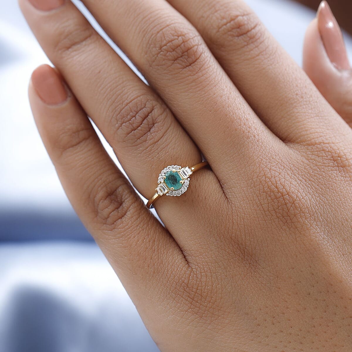 AAA Kagem Zambian Emerald and White Zircon Halo Ring in Vermeil Yellow Gold Over Sterling Silver (Size 10.0) 0.65 ctw image number 2