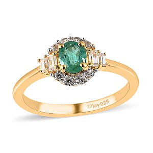 AAA Kagem Zambian Emerald and White Zircon Halo Ring in Vermeil Yellow Gold Over Sterling Silver (Size 7.0) 0.65 ctw