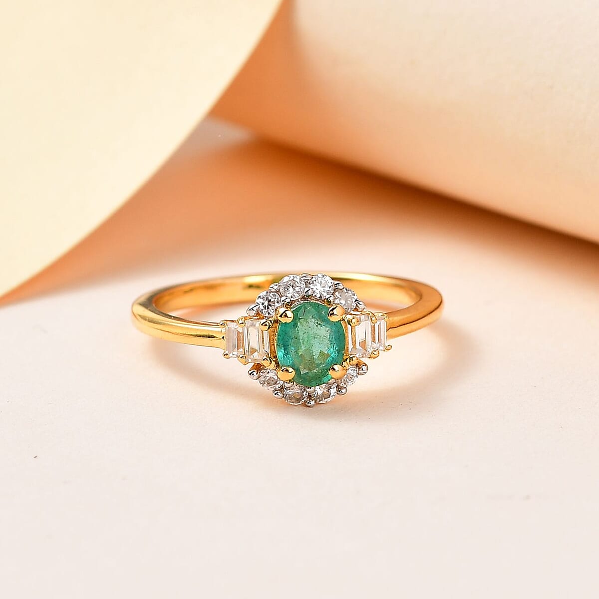AAA Kagem Zambian Emerald and White Zircon Halo Ring in Vermeil Yellow Gold Over Sterling Silver (Size 7.0) 0.65 ctw image number 1