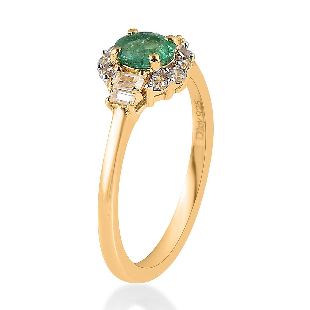 AAA Kagem Zambian Emerald and White Zircon Halo Ring in Vermeil Yellow Gold Over Sterling Silver (Size 7.0) 0.65 ctw image number 3