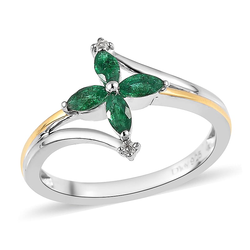 AAA Kagem Zambian Emerald and White Zircon Floral Ring in Vermeil YG and Platinum Over Sterling Silver (Size 10.0) 0.35 ctw