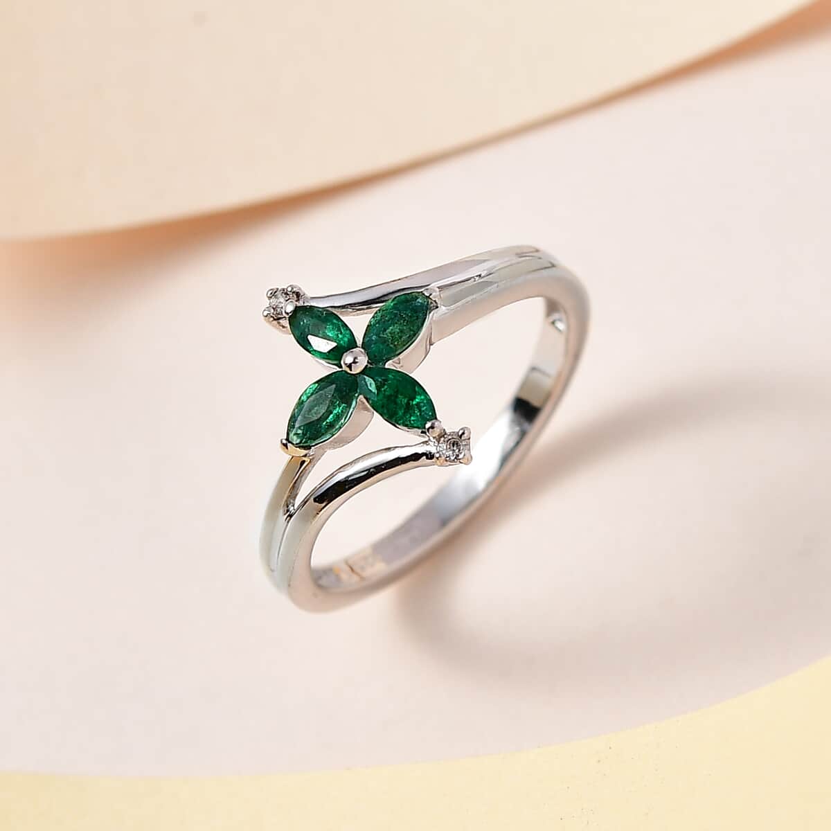 AAA Kagem Zambian Emerald and White Zircon Floral Ring in Vermeil YG and Platinum Over Sterling Silver 0.35 ctw image number 1