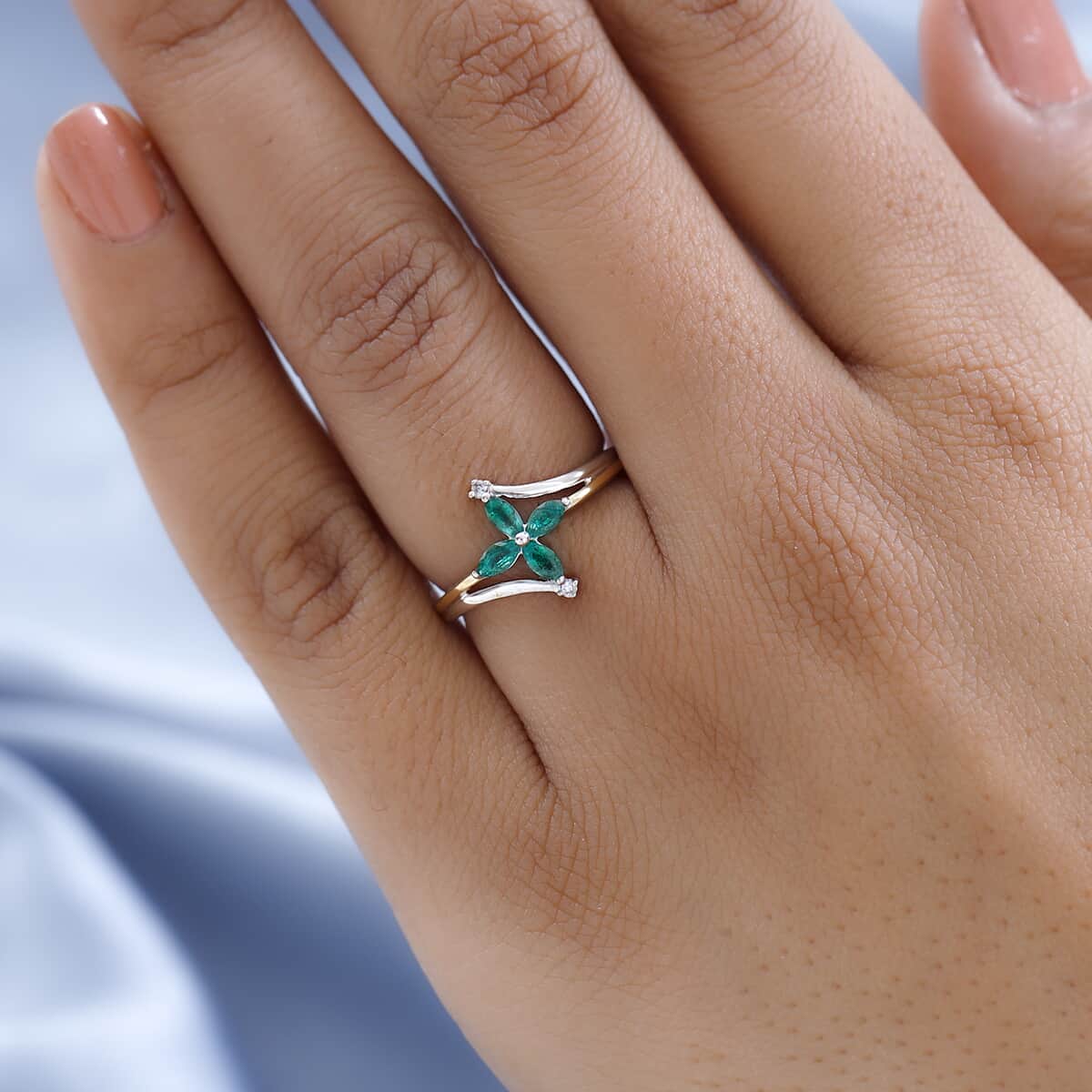 AAA Kagem Zambian Emerald and White Zircon Floral Ring in Vermeil YG and Platinum Over Sterling Silver 0.35 ctw image number 2