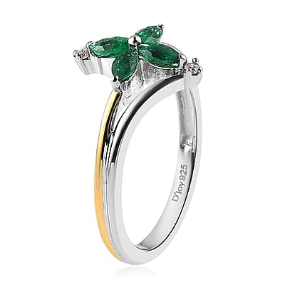 AAA Kagem Zambian Emerald and White Zircon Floral Ring in Vermeil YG and Platinum Over Sterling Silver (Size 10.0) 0.35 ctw