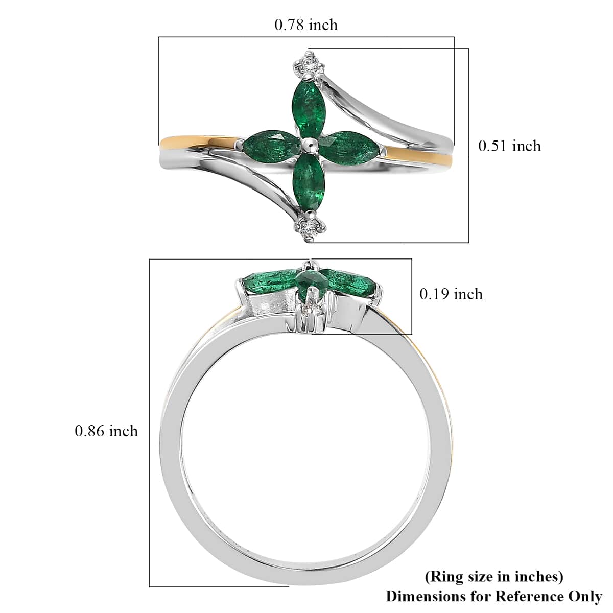 AAA Kagem Zambian Emerald and White Zircon Floral Ring in Vermeil YG and Platinum Over Sterling Silver 0.35 ctw image number 5