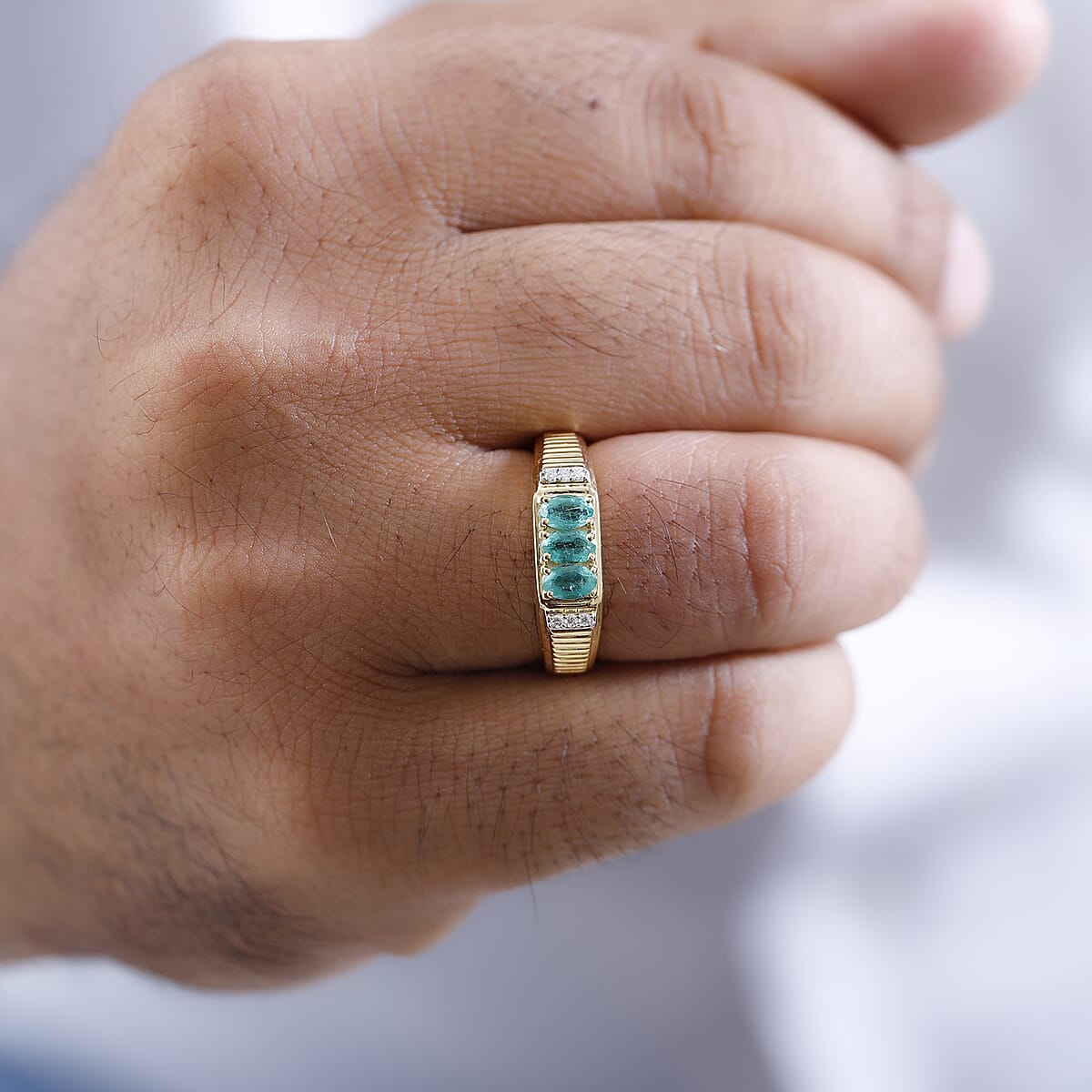 AAA Kagem Zambian Emerald and Moissanite Men's Ring in Vermeil Yellow Gold Over Sterling Silver (Size 10.0) 0.75 ctw image number 2