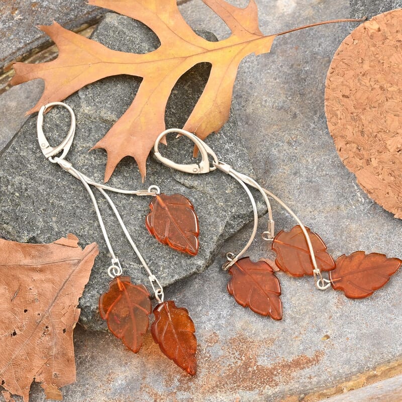 Baltic Amber Leaf Drop Earrings in Sterling Silver